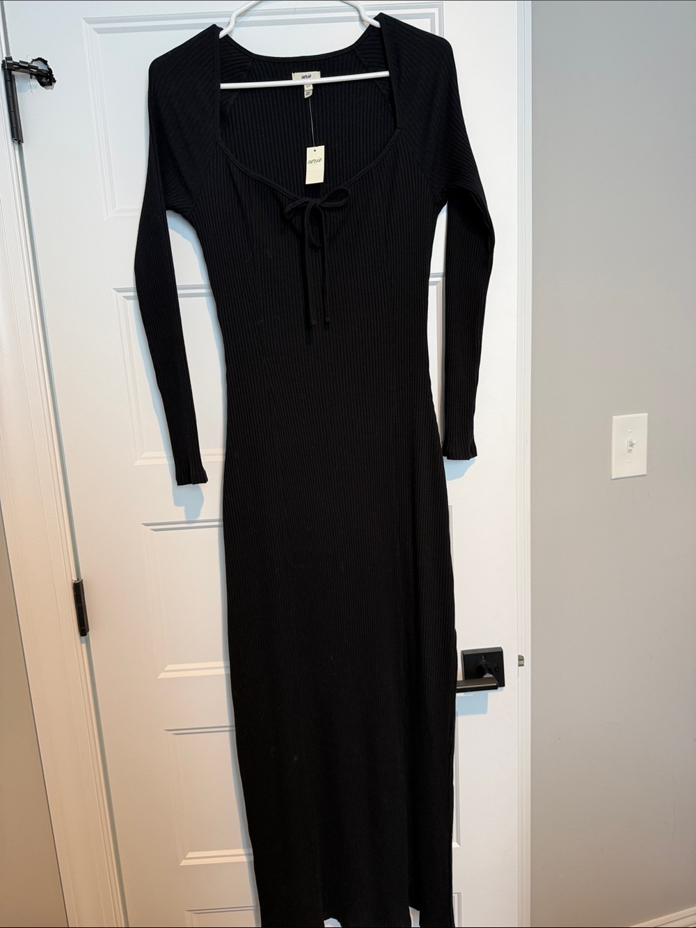 aerie Black Ribbed Long-Sleeve Tie-Front Maxi Dress